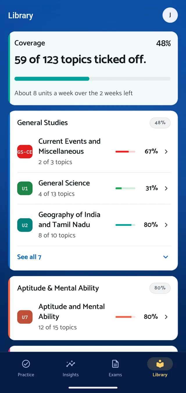 The ClearTNPSC Library tab showing 59 of 123 topics ticked off and the weekly pace that closes the syllabus