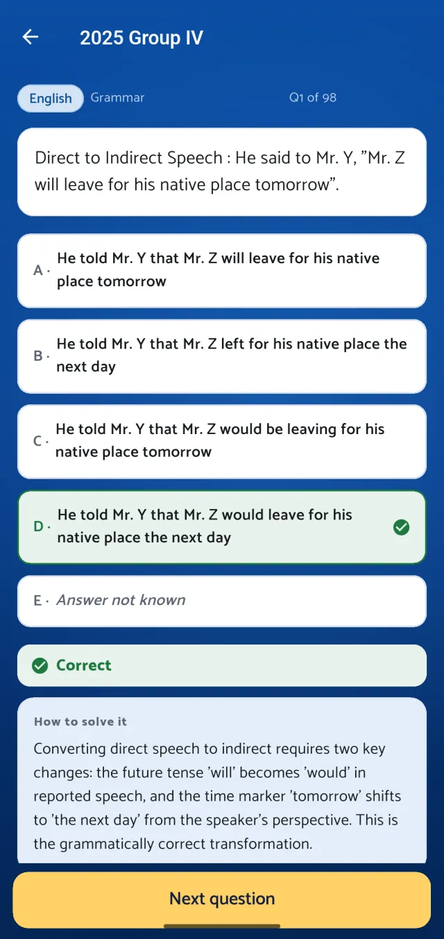 A past-paper question in the ClearTNPSC app, with its explanation